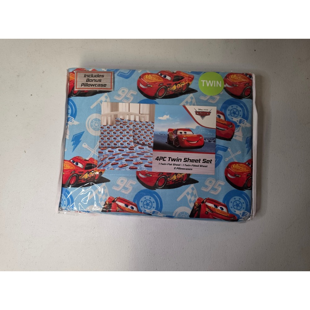 Disney Pixar Cars Lightning McQueen 4PC Twin Sheet Set Blue Red Racing Bedding